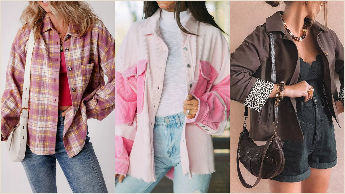 What is a shacket: plaid, corduroy and denim shackets laid out as a collage of fall layering picks