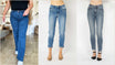 Front view of medium wash high rise straight leg jeans on a standing model, the straight cut Fashorio recommends when choosing what jeans to wear with knee high boots