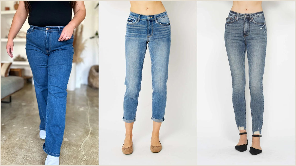 Front view of medium wash high rise straight leg jeans on a standing model, the straight cut Fashorio recommends when choosing what jeans to wear with knee high boots