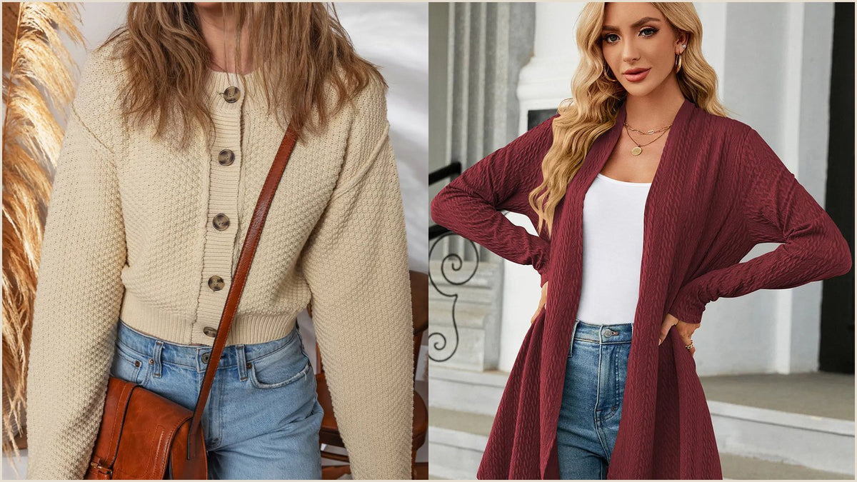 Long open front knit cardigan with a draped front and no closure, a versatile answer to what to wear over a dress in fall.