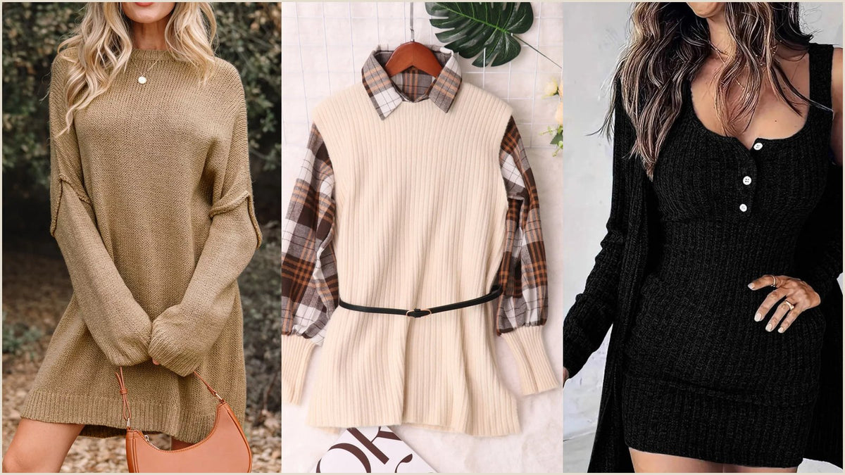 Plaid belted long sleeve sweater dress shown on a model, a comfortable answer to what to wear to Thanksgiving dinner