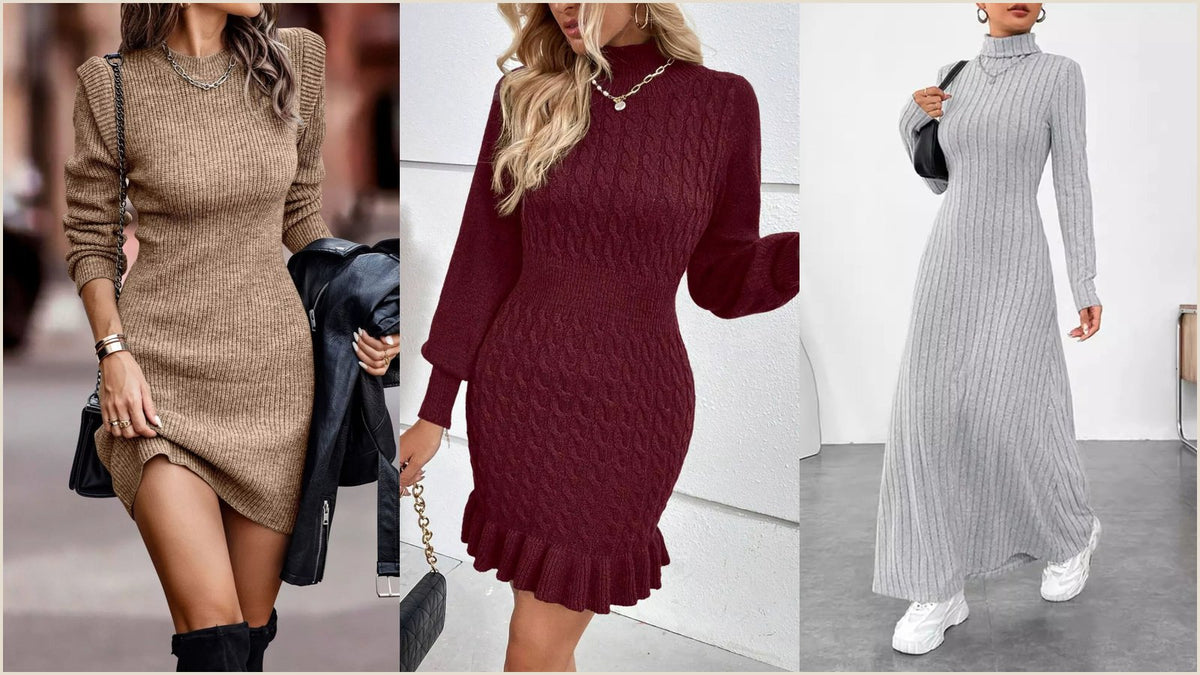 Cable knit mock neck sweater dress with a ruffled hem, showing what to wear with a sweater dress in cold weather
