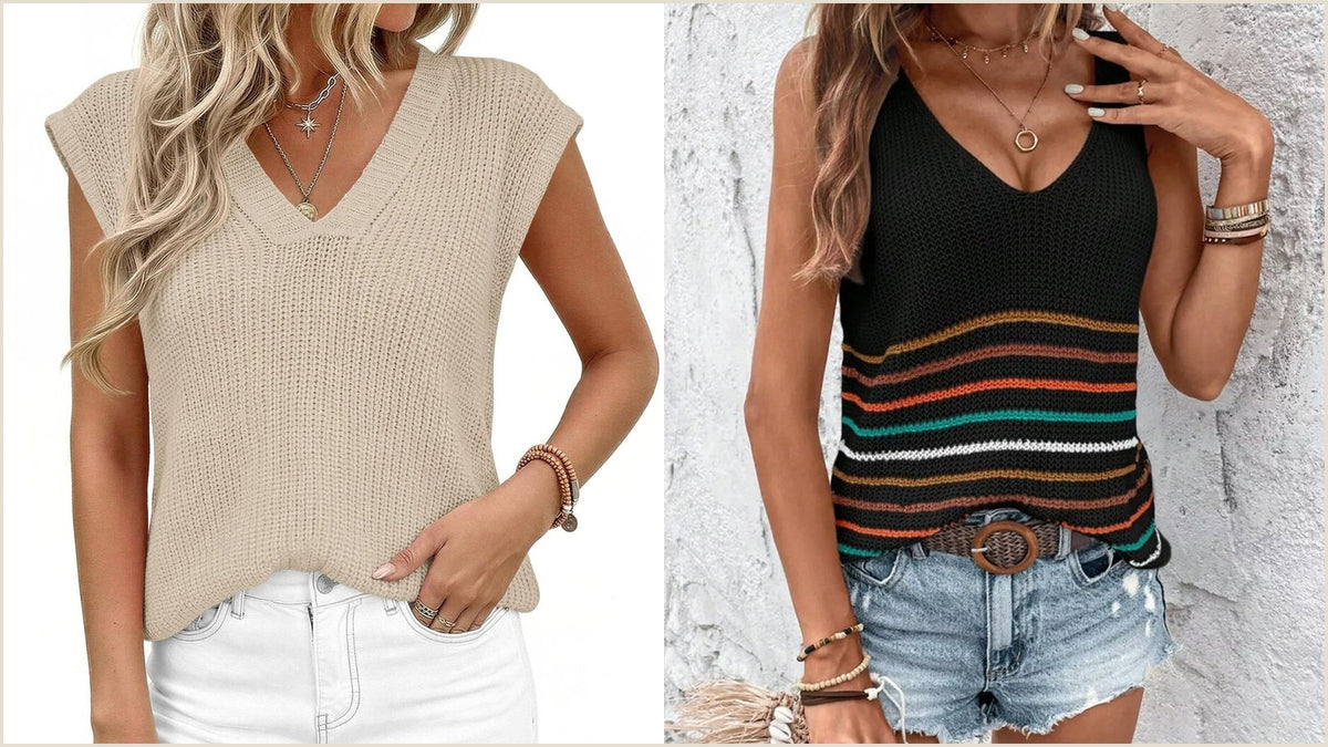 Woman modeling a ribbed V neck knit sweater vest, a versatile layering piece for what to wear with a sweater vest