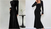 Black velvet square neck long sleeve mermaid dress shown front on, a floor length winter wedding guest dress with sleeves.