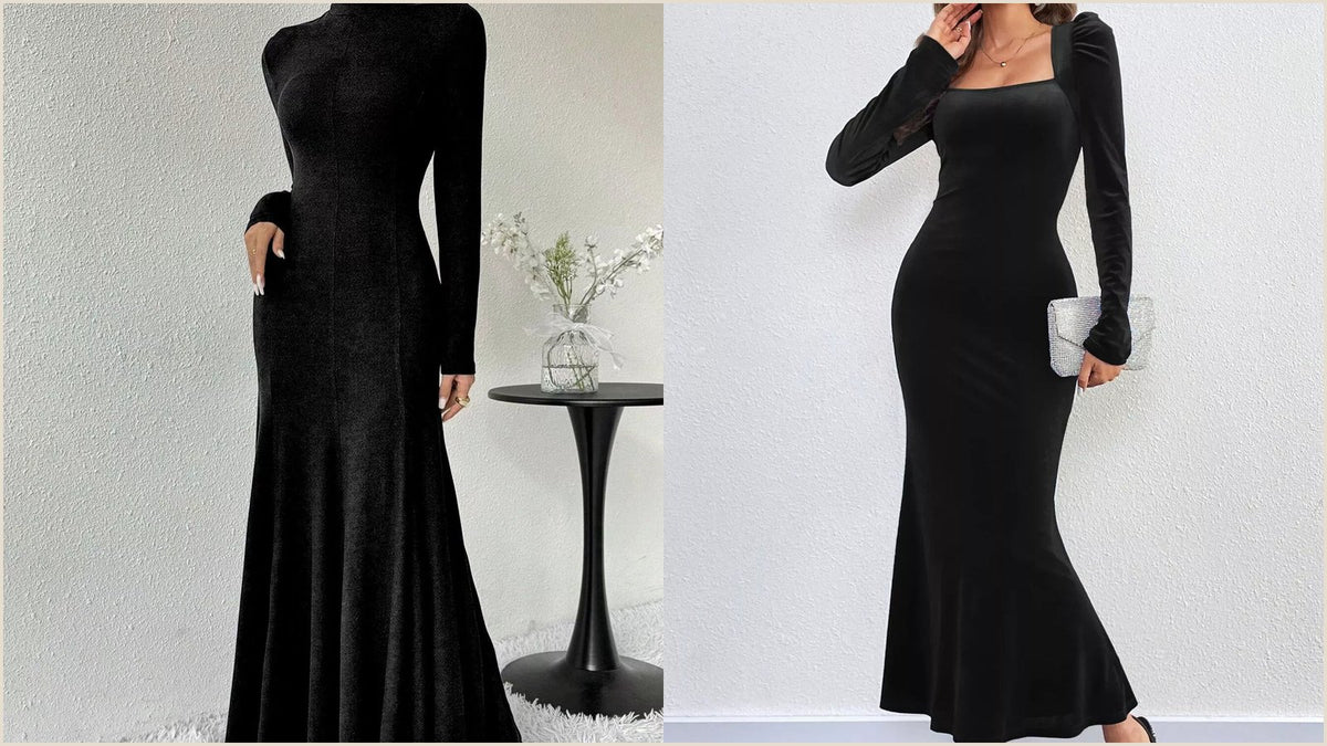 Black velvet square neck long sleeve mermaid dress shown front on, a floor length winter wedding guest dress with sleeves.