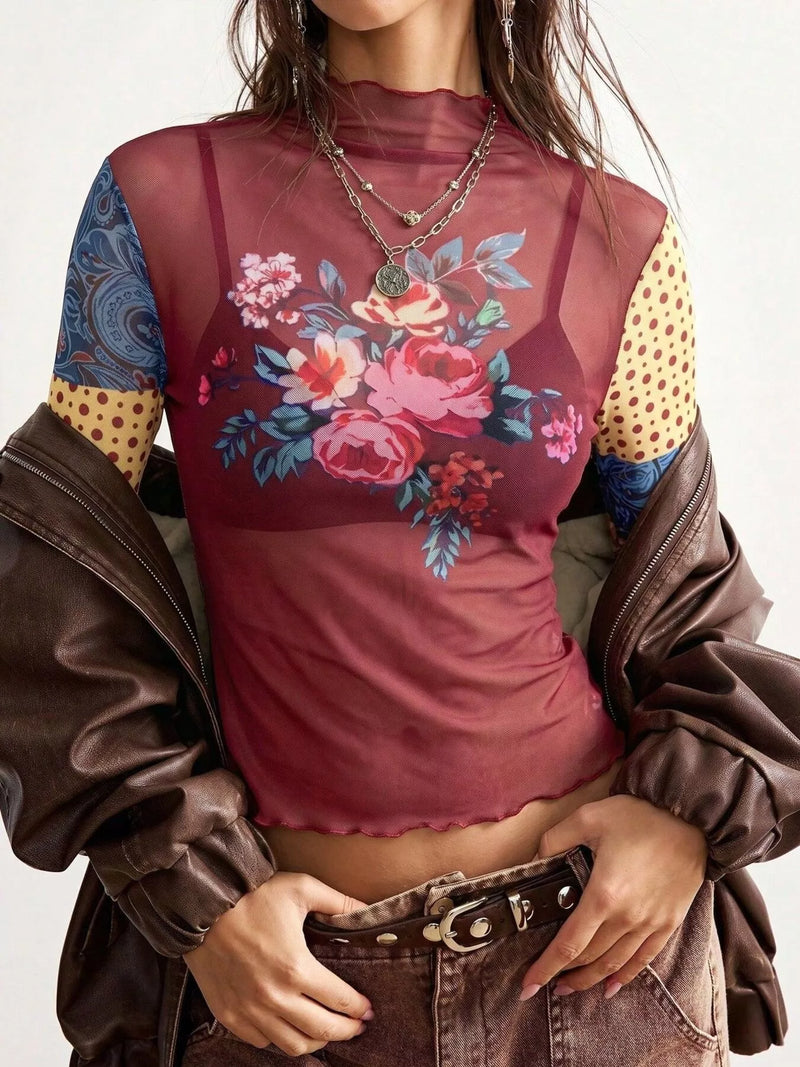 Mesh top: floral print mesh mock neck long sleeve top