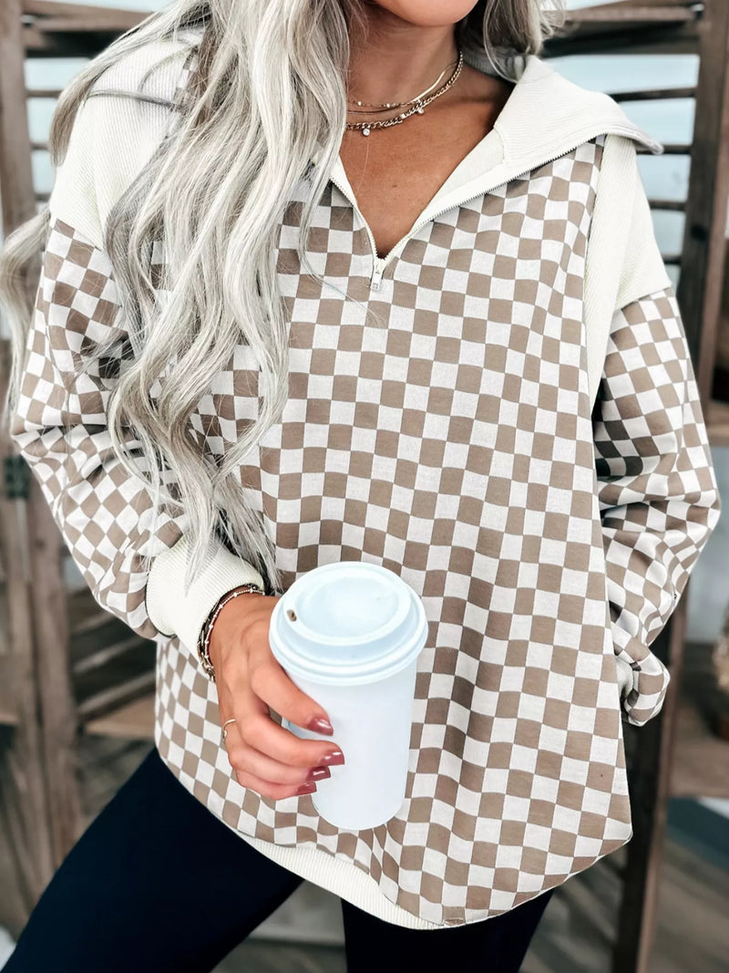 Quarter zip pullover: checkered quarter zip sweatshirt