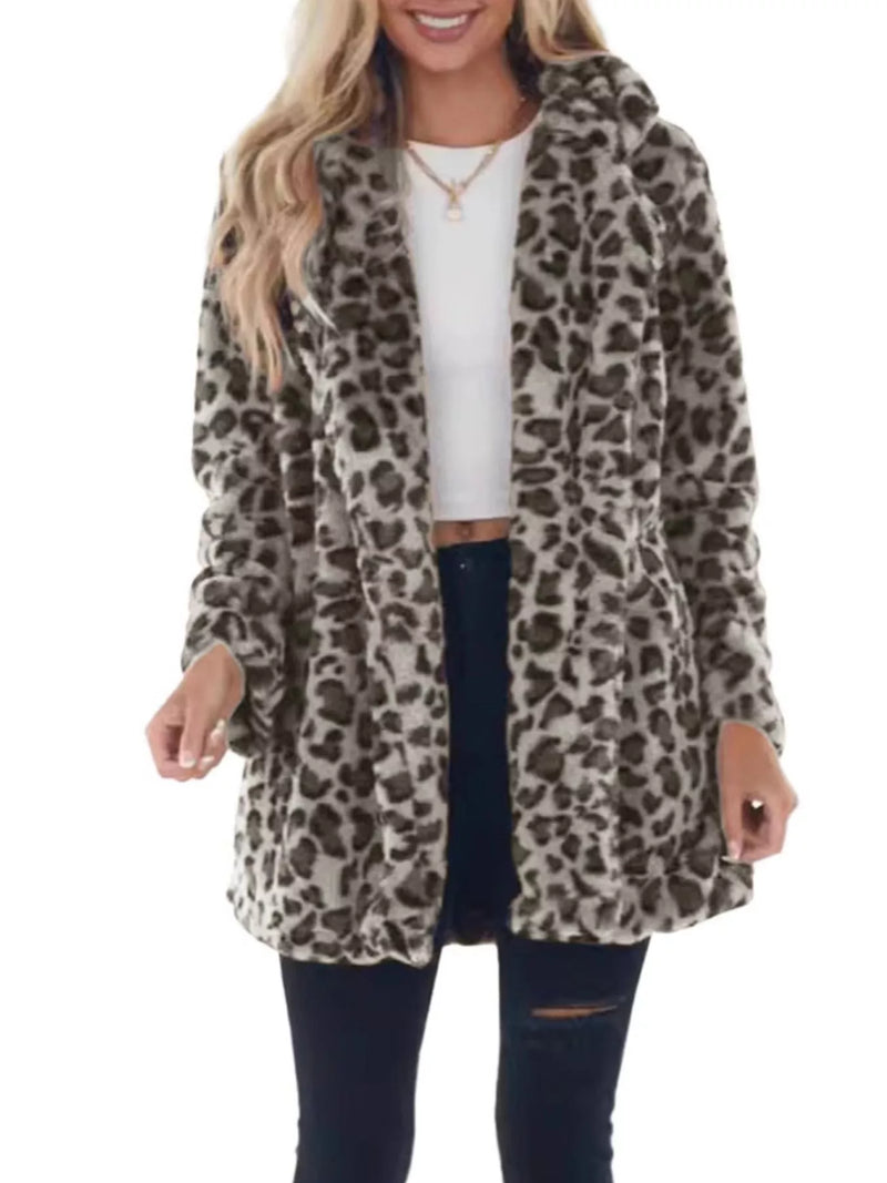 Faux fur style: leopard faux fur open front outerwear