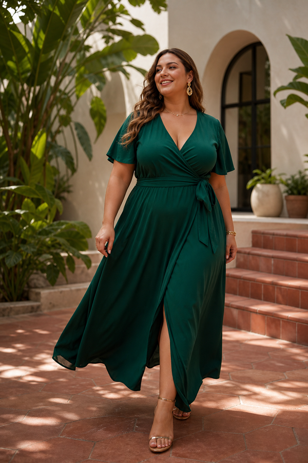 Smiling woman in an emerald green wrap maxi dress in a garden courtyard, from the Fashorio plus size collection