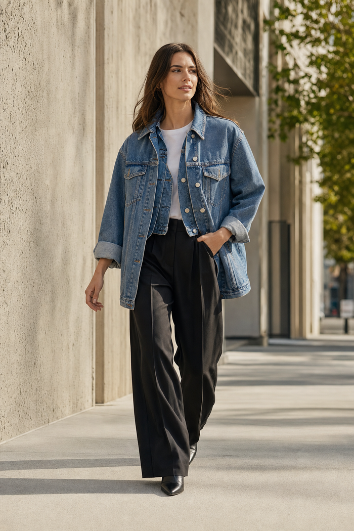 Woman layering an oversized denim jacket over black wide leg trousers on a city street, from the Fashorio denim jackets collection