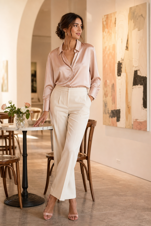 Woman in a blush satin blouse and tailored trousers in a bright cafe, from the Fashorio tops and blouses collection