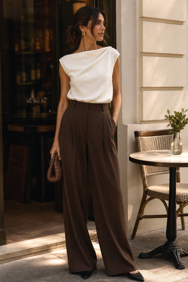 Woman in chocolate brown wide leg trousers and a white top at a cafe, from the Fashorio pants collection