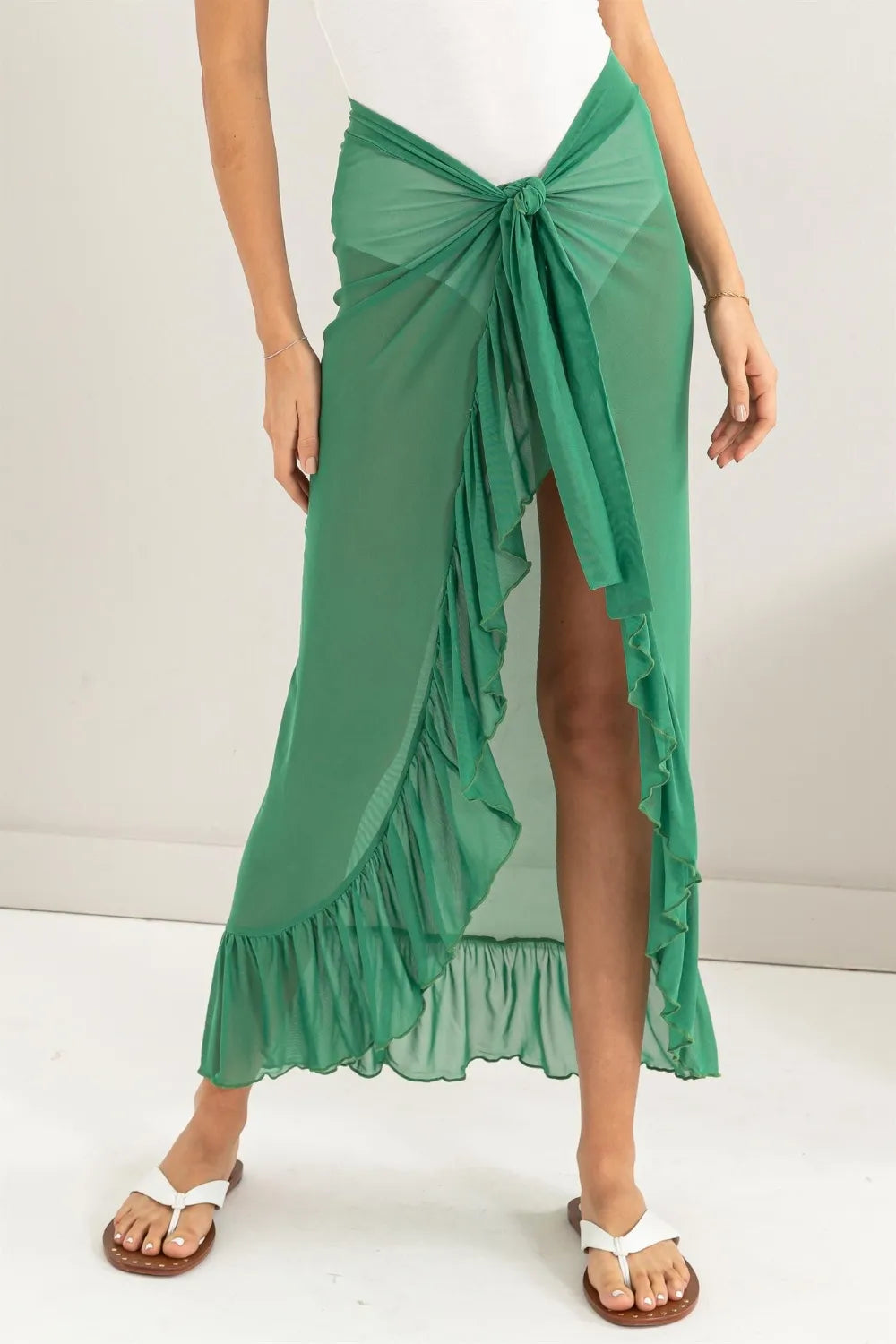 Green ruffle trim tie sarong cover up skirt front view