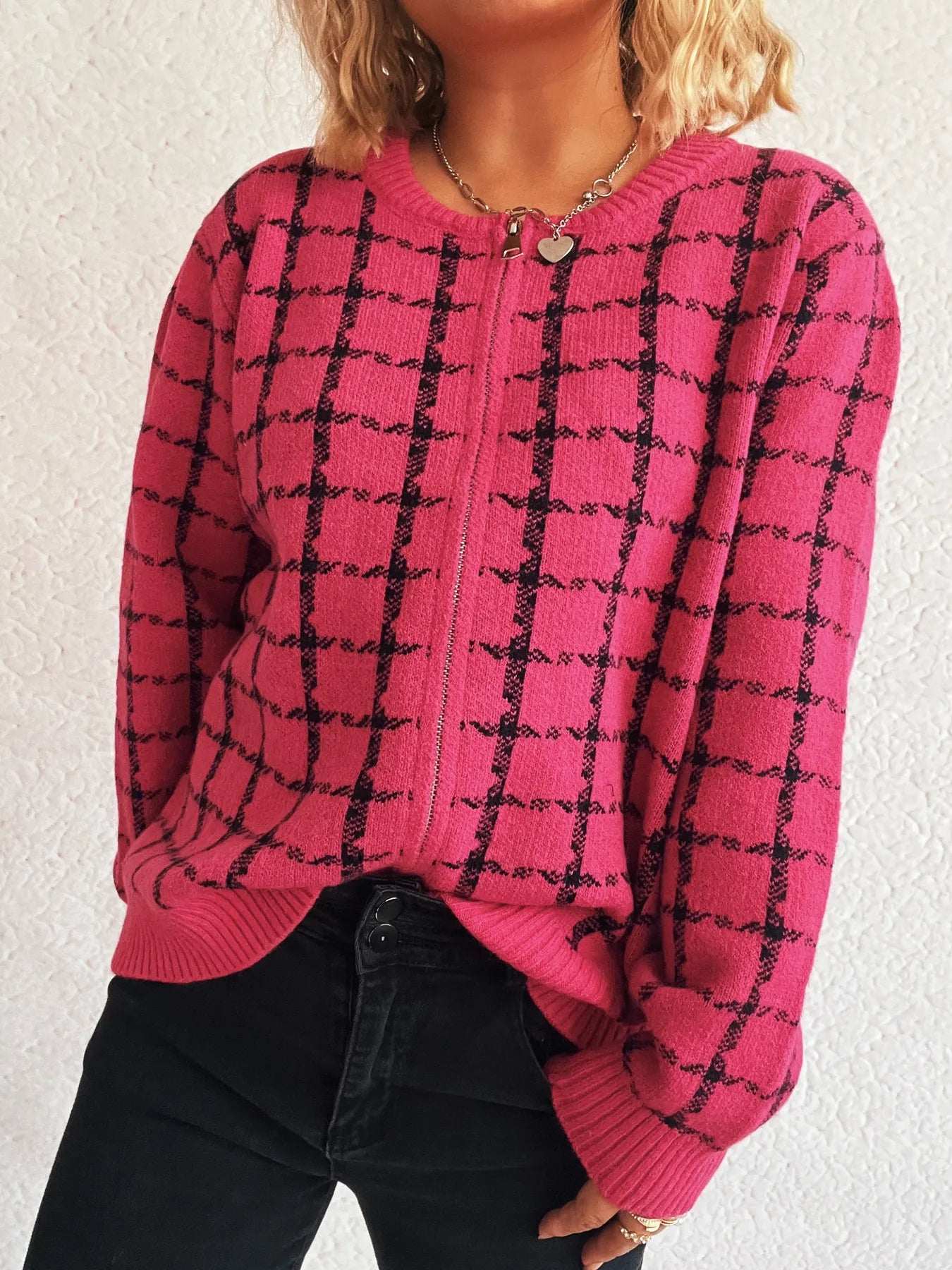 Plaid Pattern Zip Up Cardigan - Fashorio