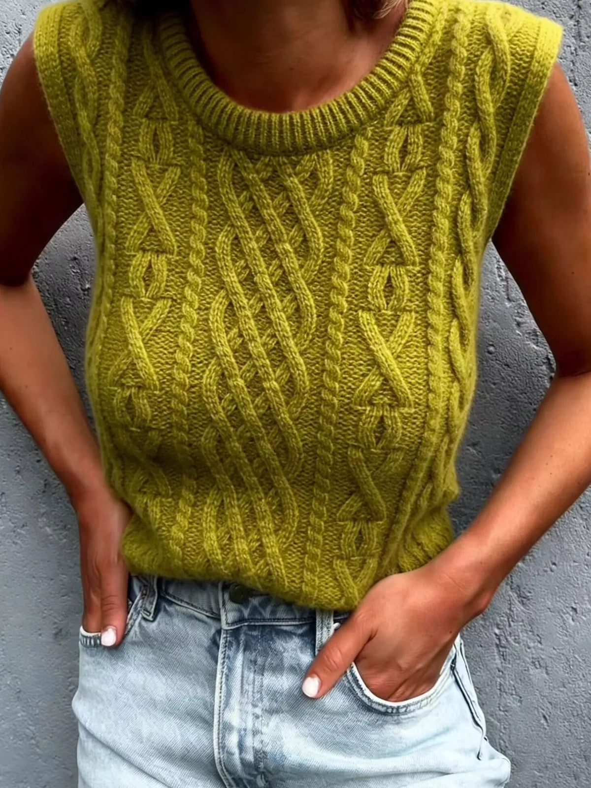 Cable Knit Sweater Vest in Gray styled look