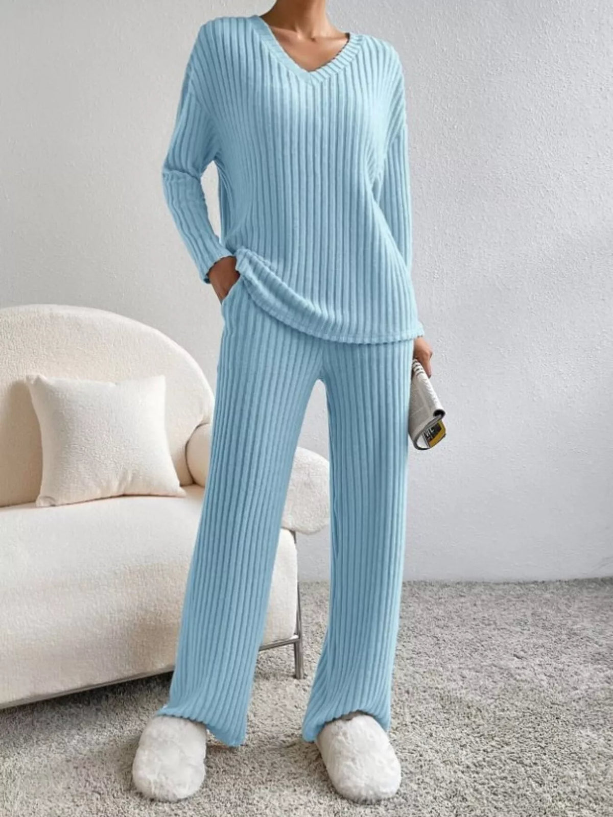 Ribbed Knit V Neck Top and Pants Set, view 21