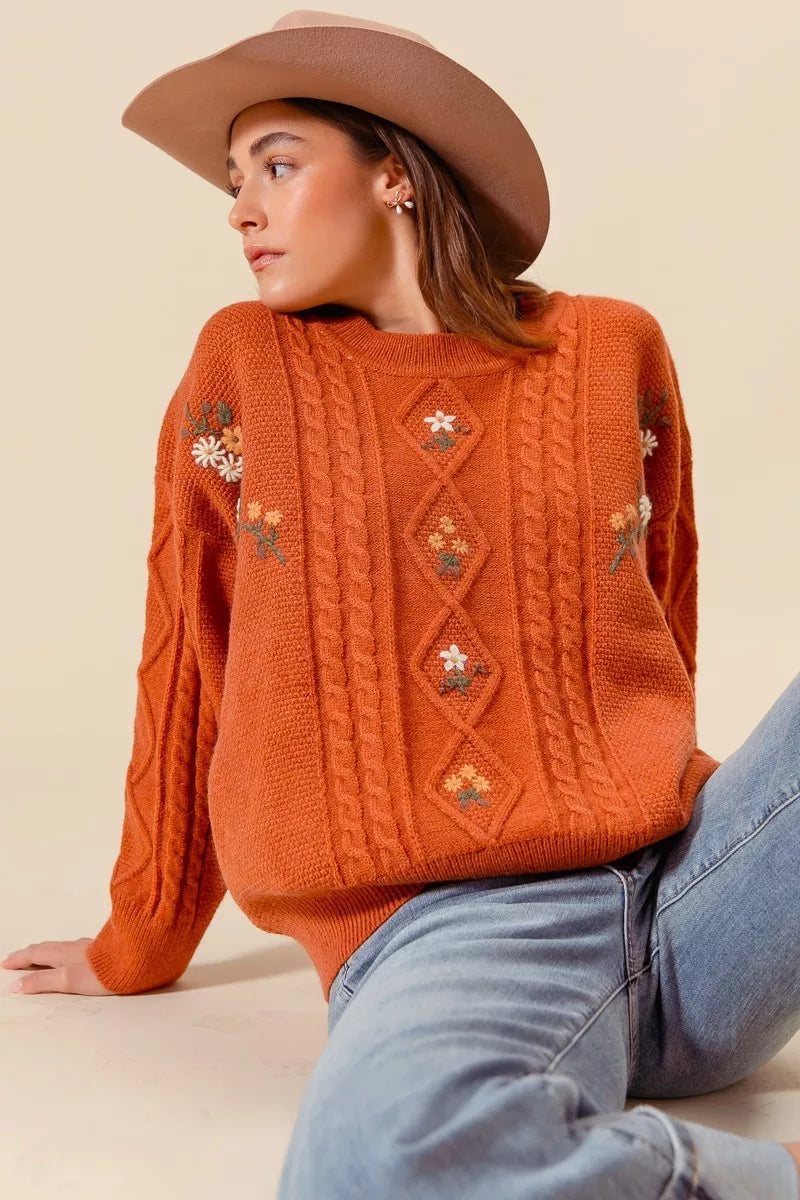 Embroidered Floral Cable Knit Sweater in Brick side view