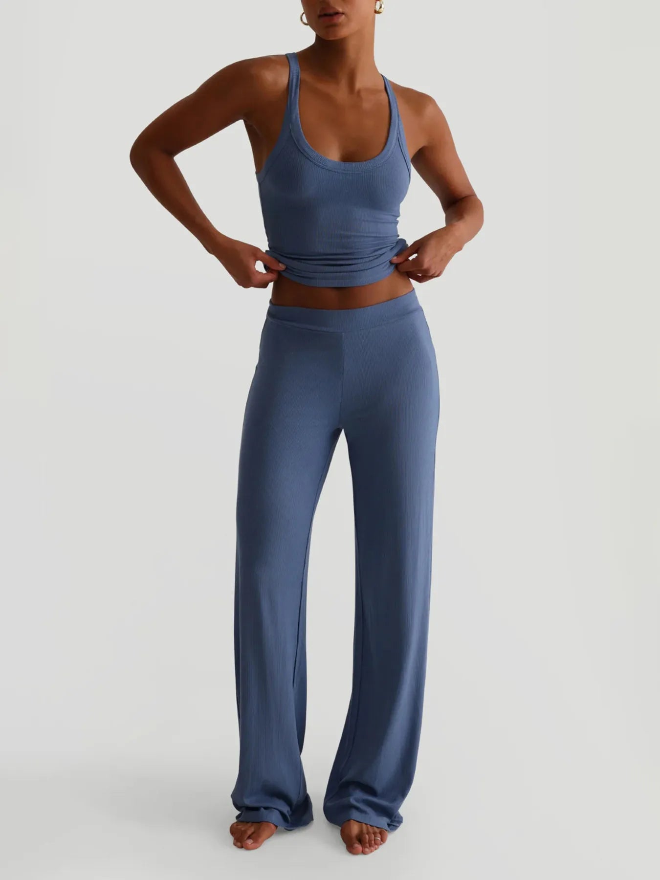 Ribbed Tank and High-Waisted Pants Active Set Blue - Fashorio