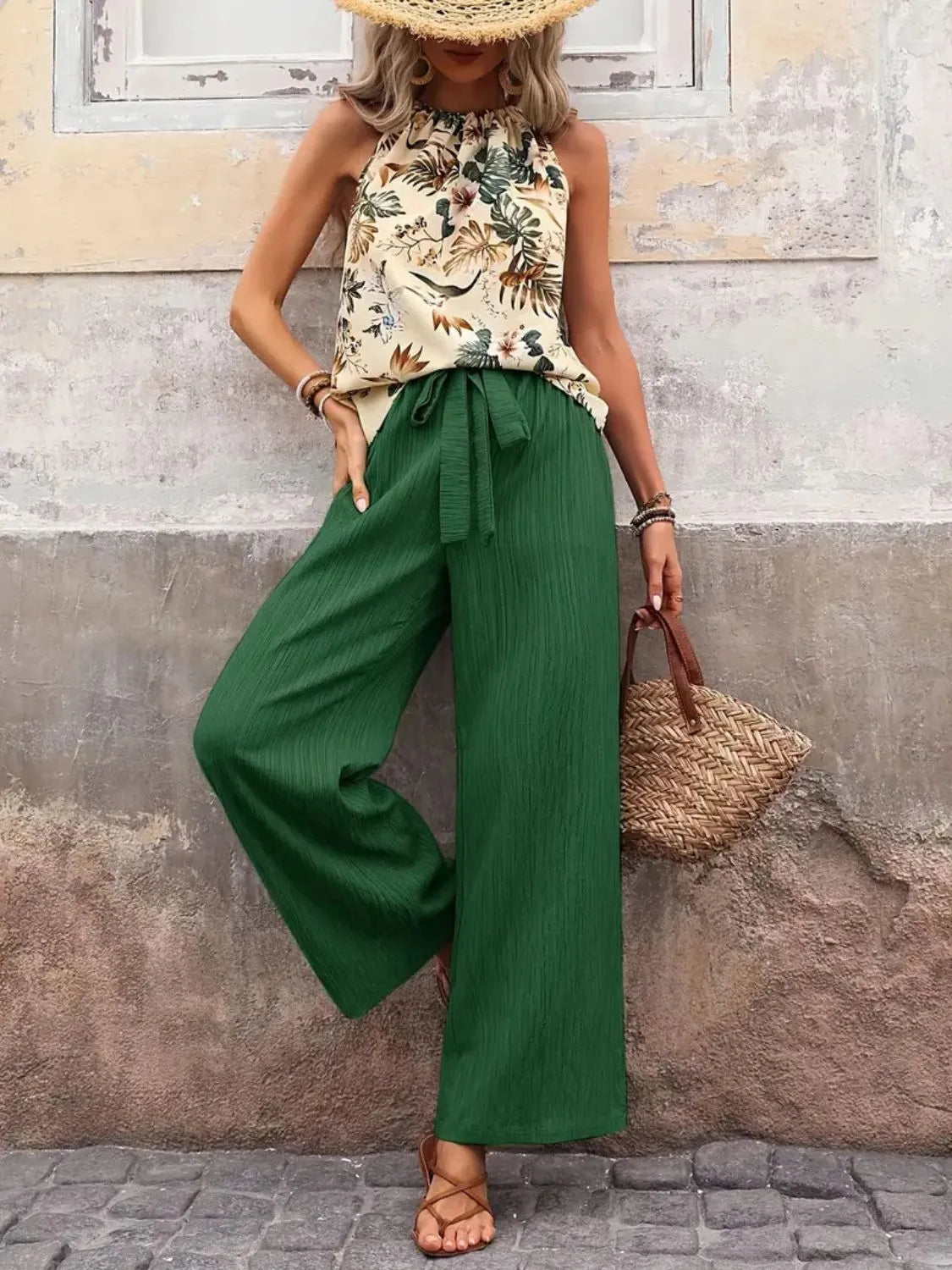 Printed Tank Top and Wide Leg Pants Set Dark Green - Fashorio