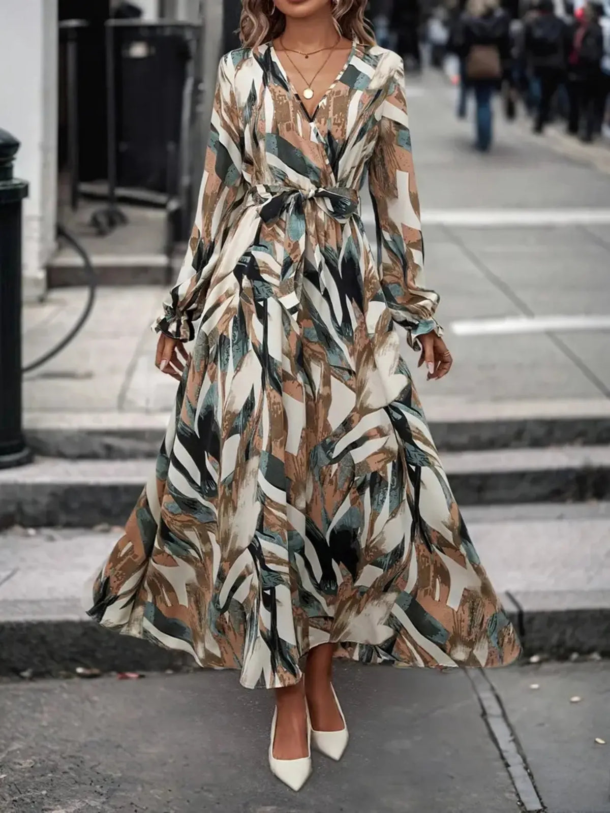 Printed surplice long sleeve maxi dress, front view