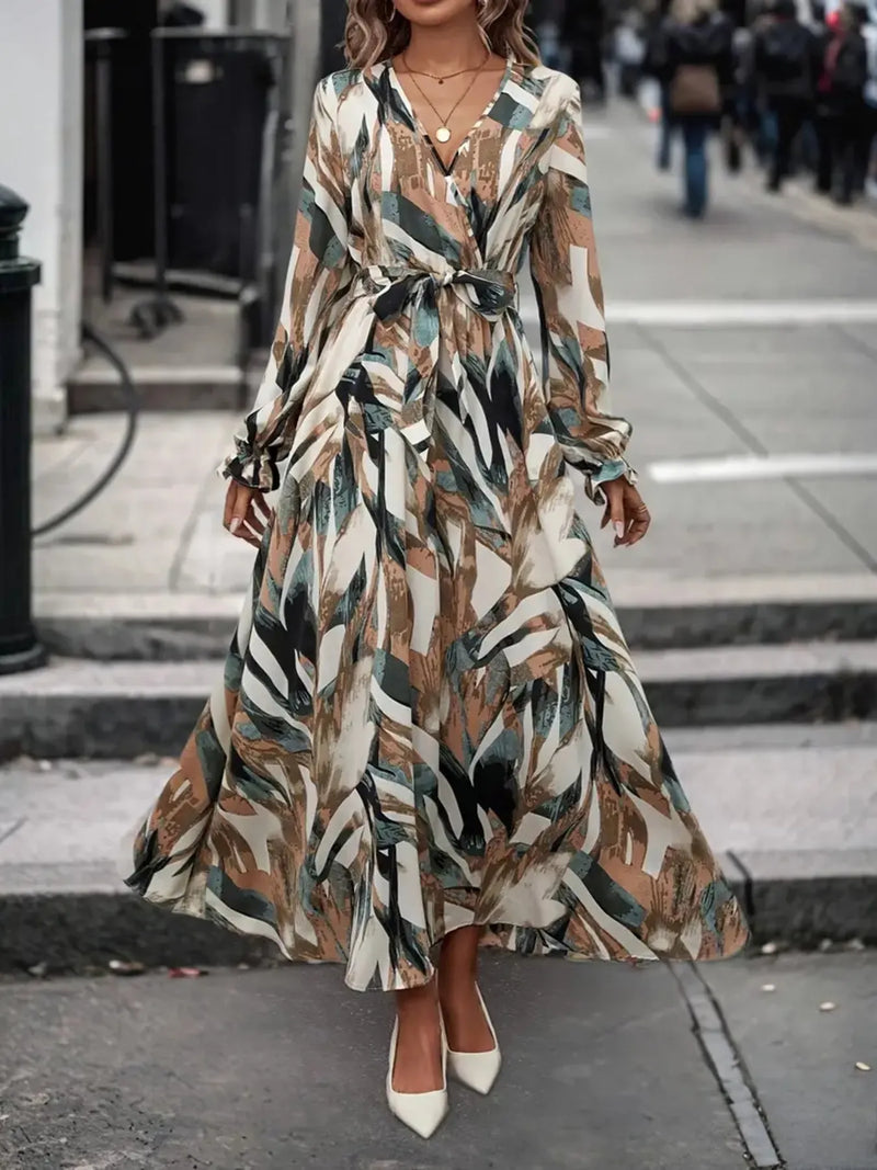 Printed surplice long sleeve maxi dress, front view