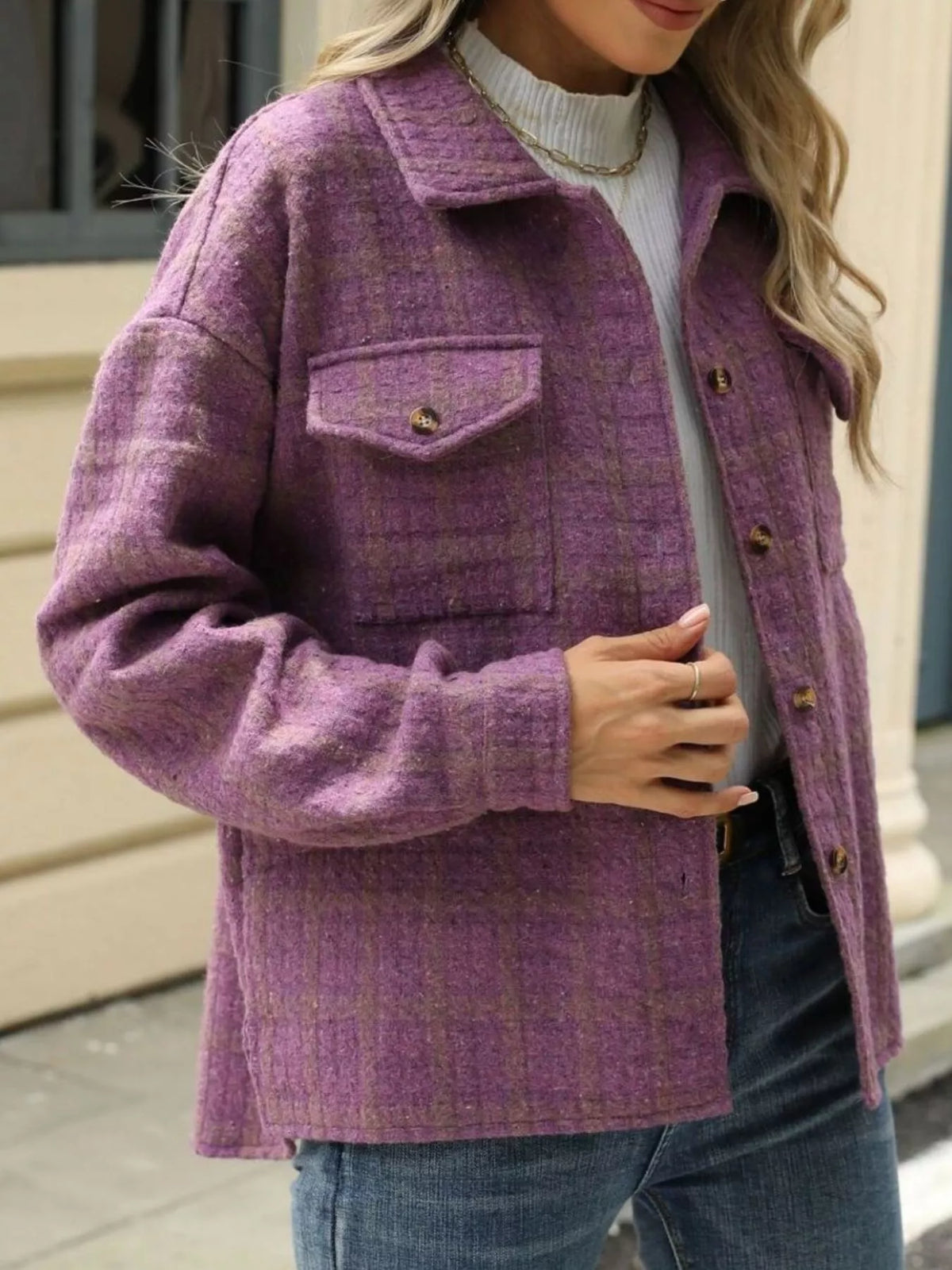 Plaid Button Up Jacket in White and Red view 18