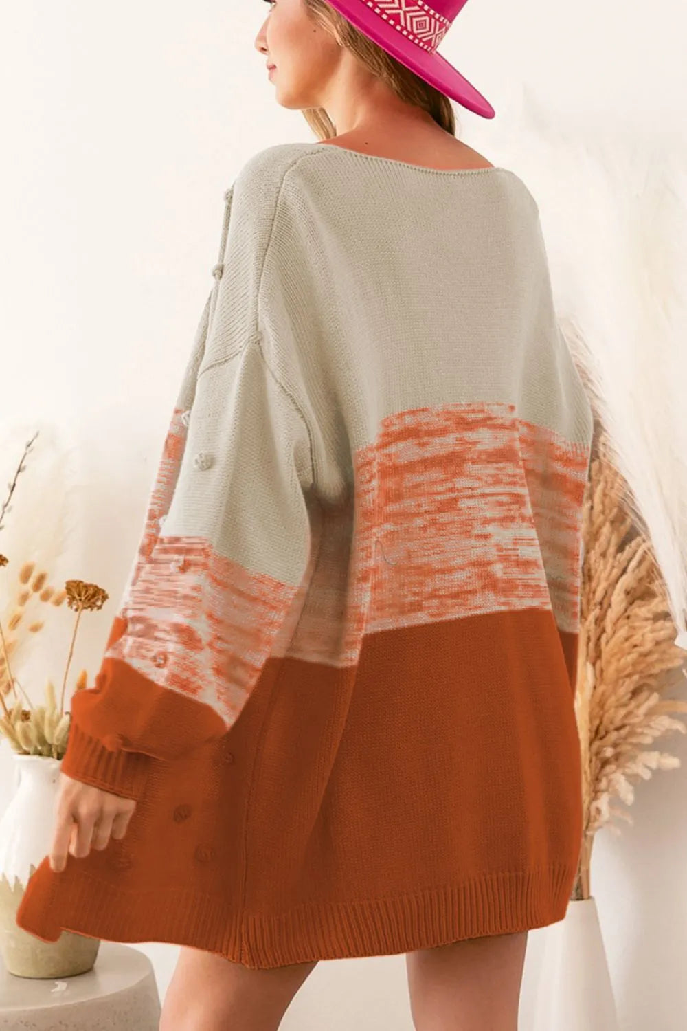 Pompom Color Block Open Front Cardigan - Fashorio