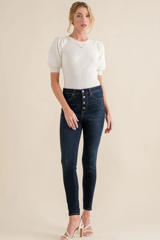 And The Why Puffed Half Sleeve Rib Basic Bodysuit - Fashorio