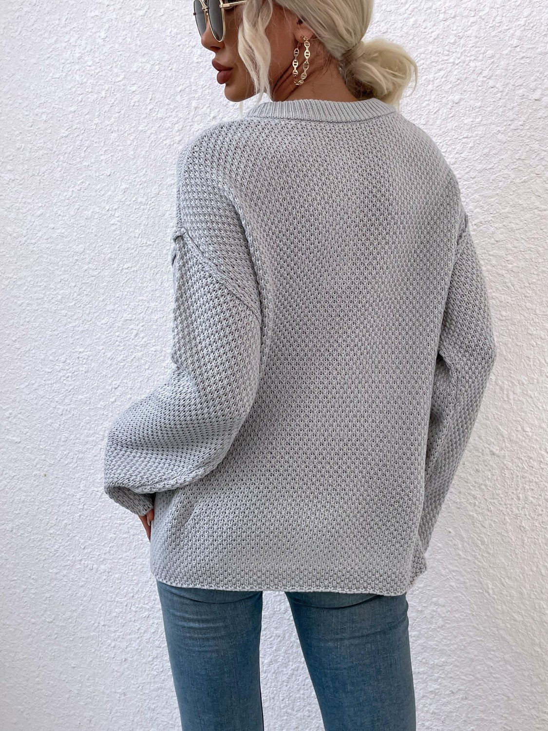 Quarter-Button Slit Sweater - Fashorio