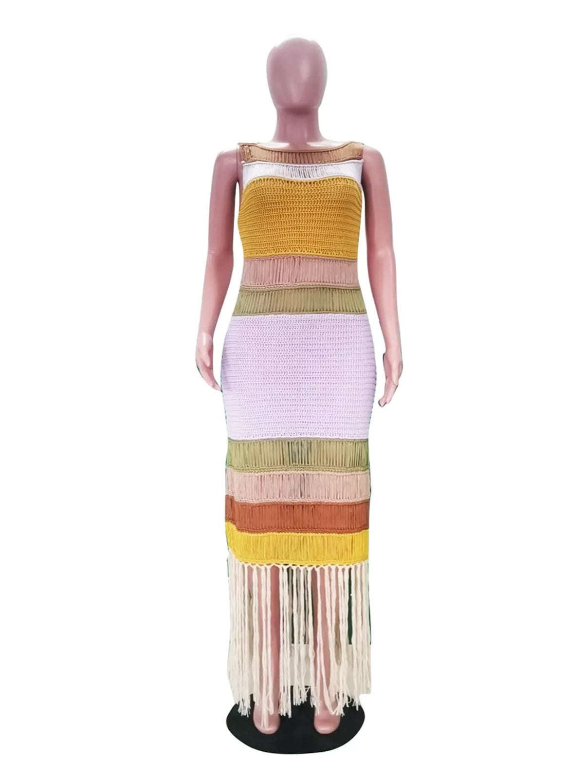 Color block knit beach dress styled with sandals