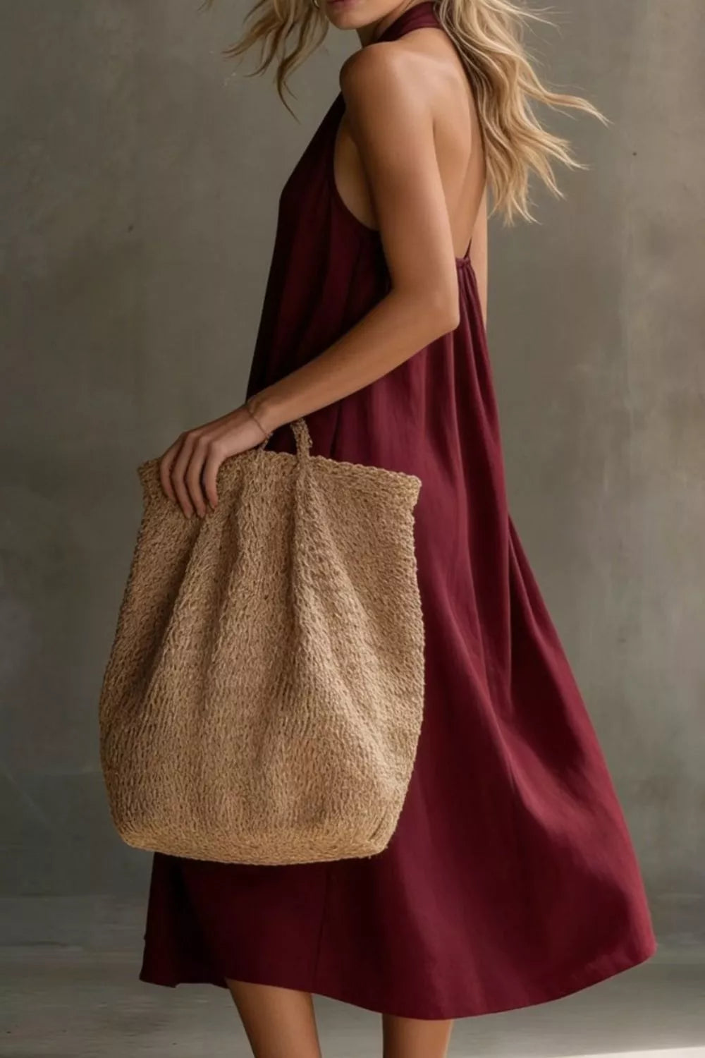 Halter neck pocket midi dress, back view