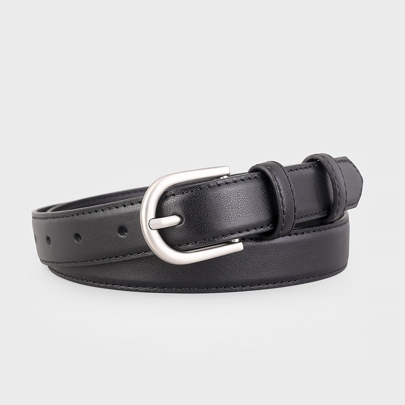 Sleek silver buckle leather belt full view