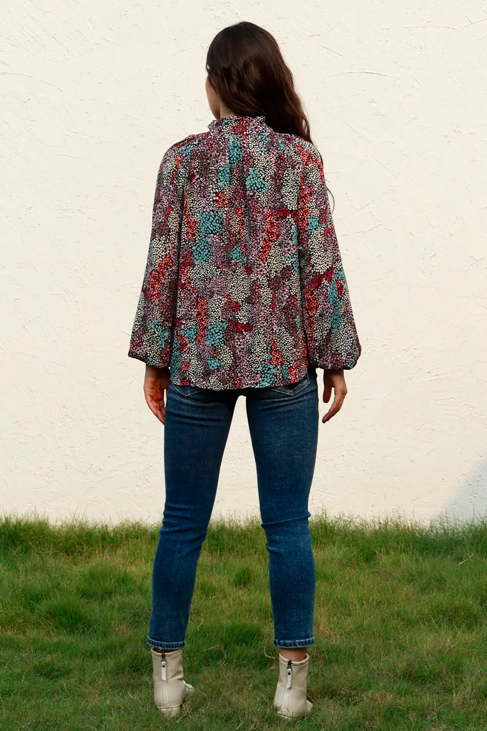 Tie Neck Heathered Balloon Sleeve Blouse - Fashorio