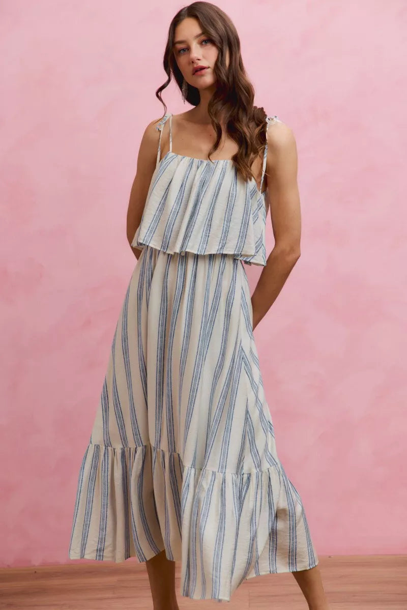 White and blue striped tiered midi dress with shoulder ties front view
