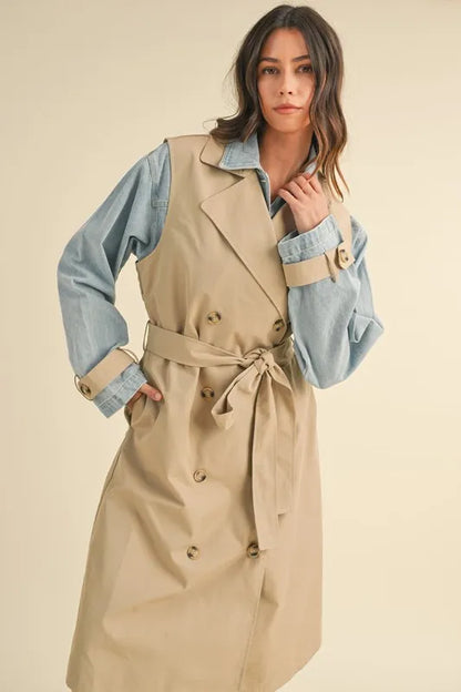 MABLE Layered Look Trench Coat With Denim Jacket - Fashorio