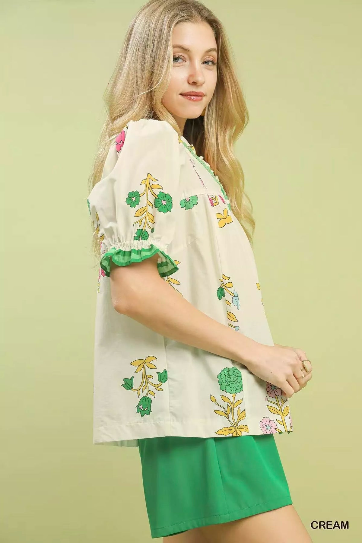 Cream Umgee petal print button down cotton blouse front view