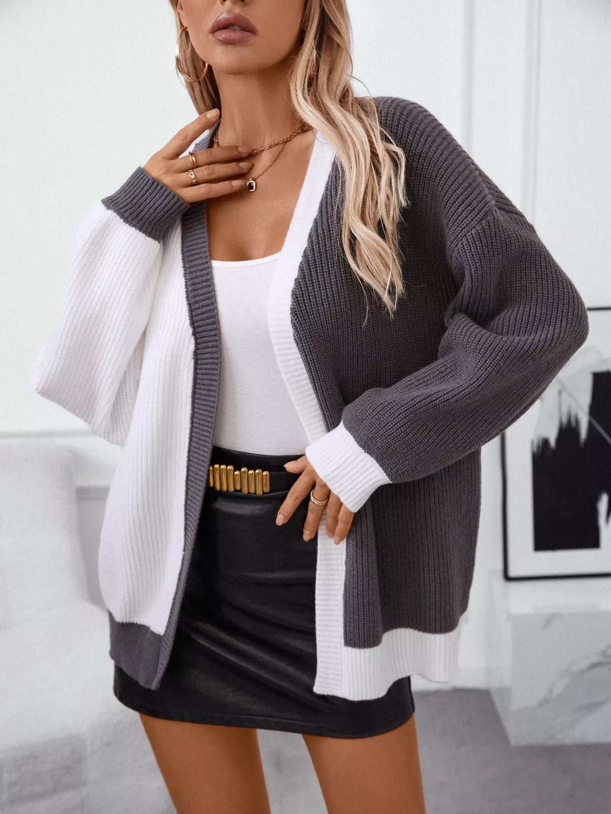 Color block longline cardigan panel detail