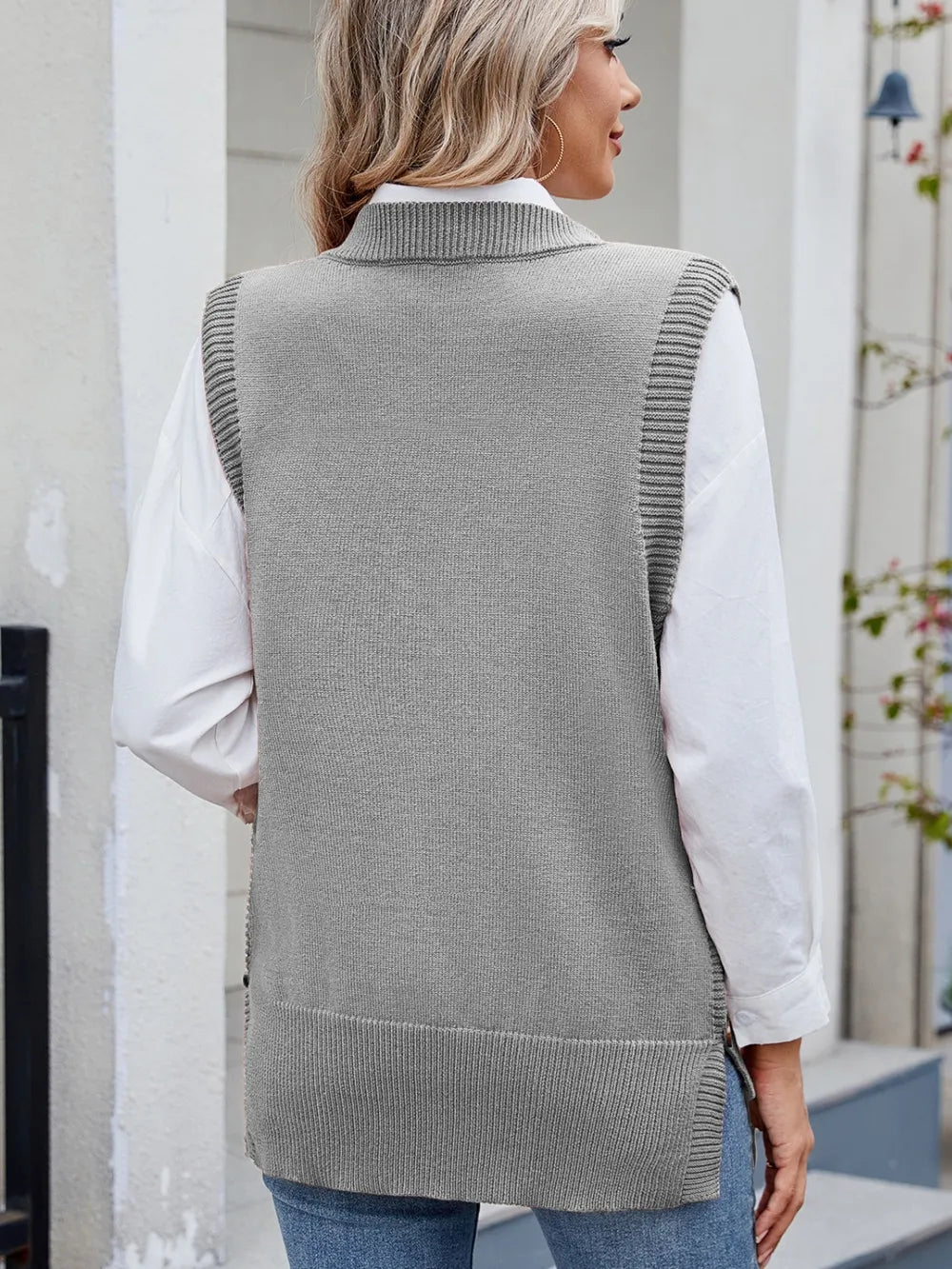 buttoned round neck sweater vest side view