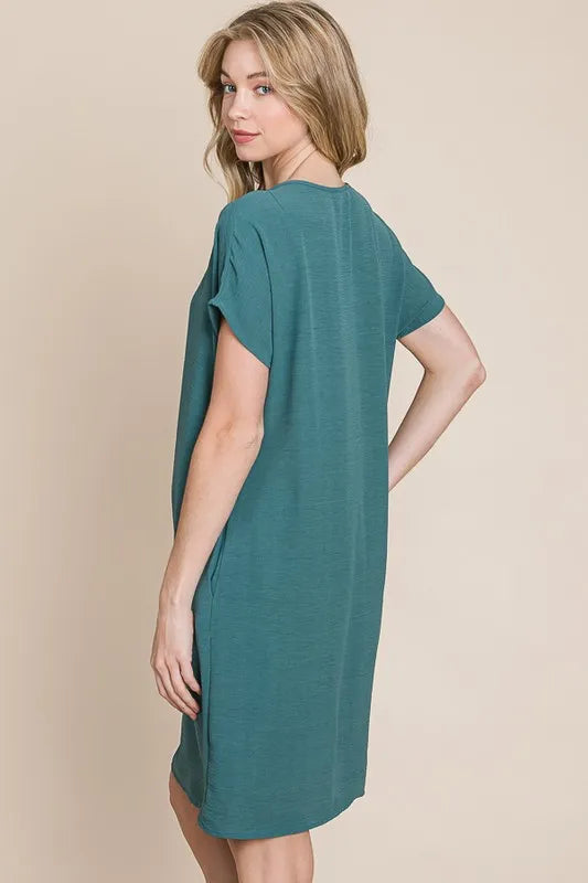 V Neck Short Sleeve Dress with Pockets in Teal detail