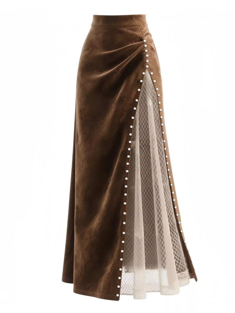 Pearl Trim Slit Maxi Skirt front view