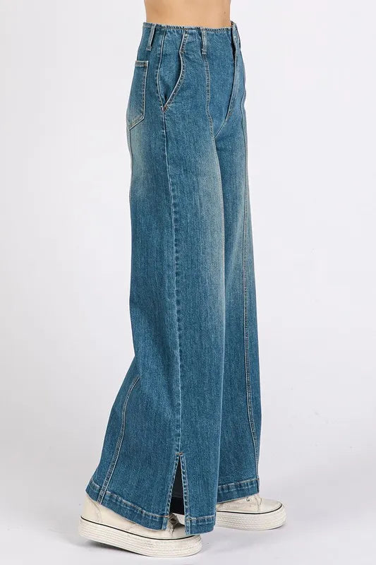 Mittoshop Medium Wash Seam Detail Wide Leg Denim Jeans - Fashorio