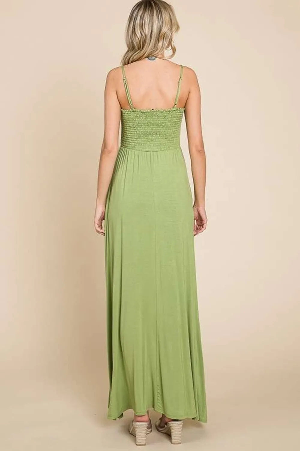 smocked cami maxi dress with pockets in olive side view