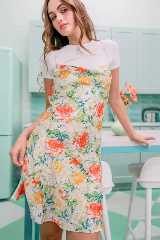Floral Cowl Neck Flirty Satin Mini Dress view 7