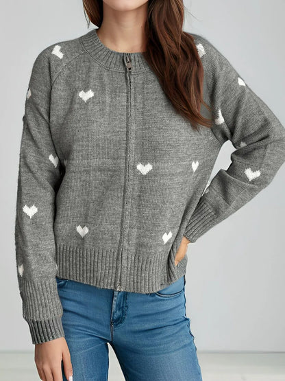 Heart Round Neck Zip Up Cardigan - Fashorio