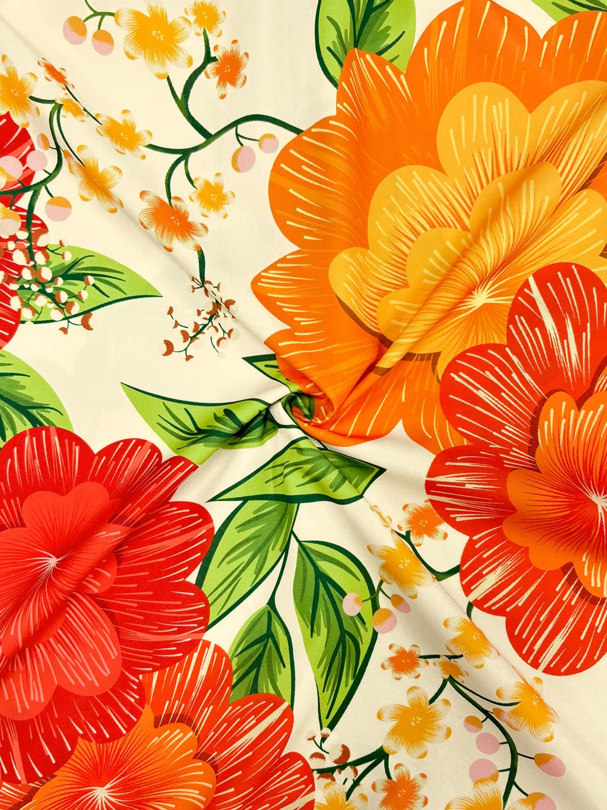 Orange floral V neck maxi dress detail of the fabric and print