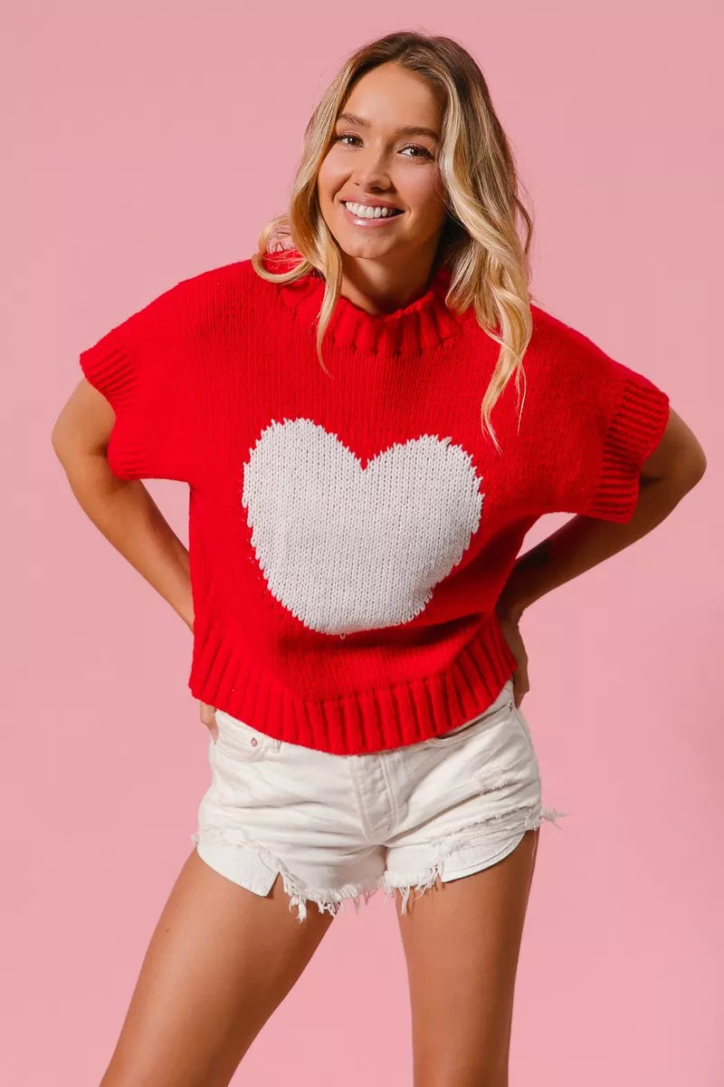 Heart Pattern Rib Banded Sweater in Red and Ivory view 7