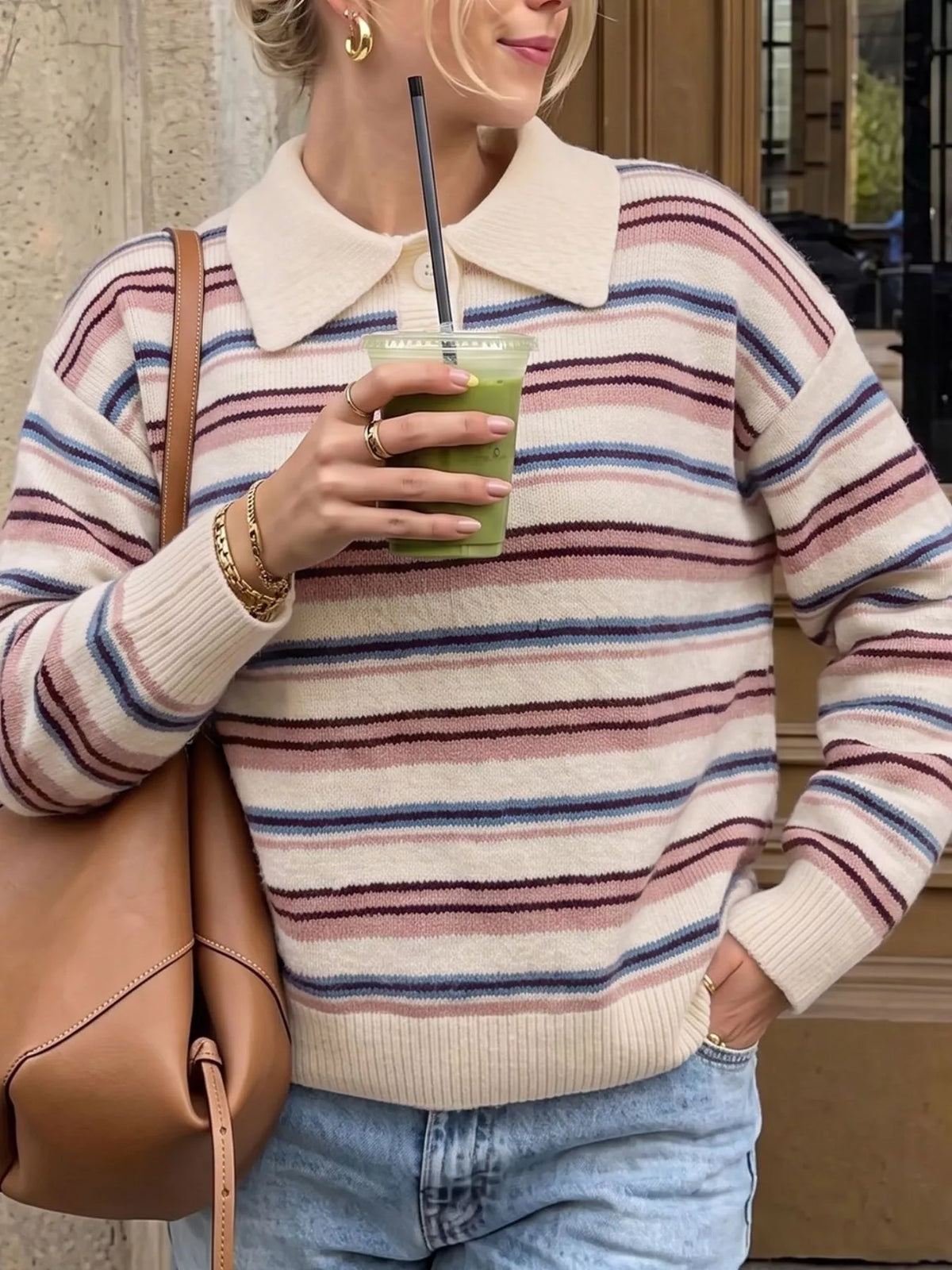 Striped Polo Collar Sweater in Pink