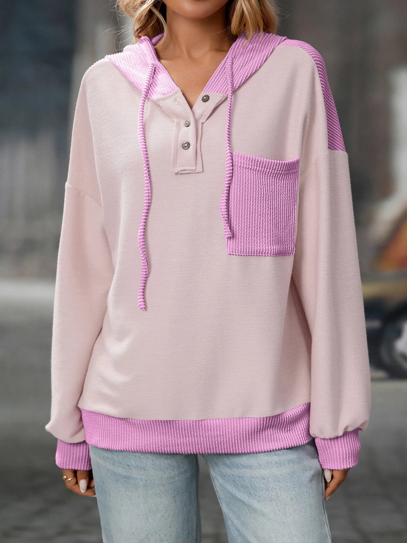 Drawstring Button Detail Long Sleeve Hoodie - Fashorio