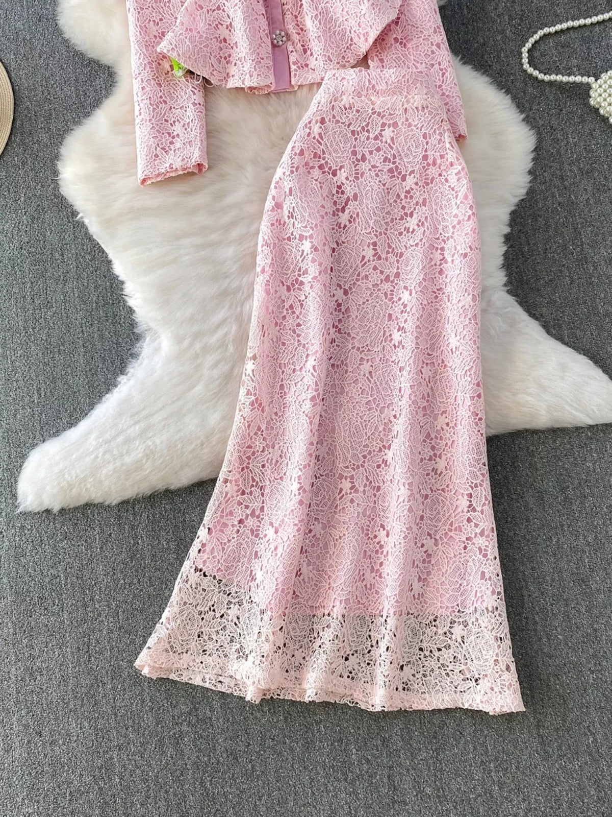Light blue lace top and skirt coordinated set