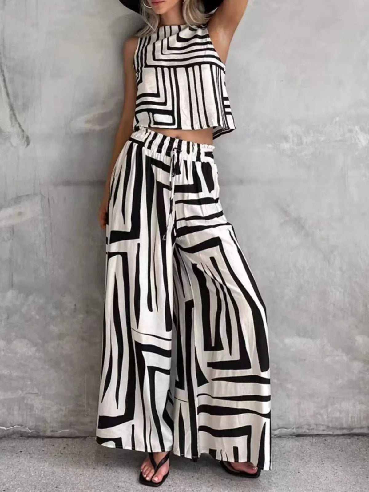 Geometric print top and wide leg pants two piece set front view